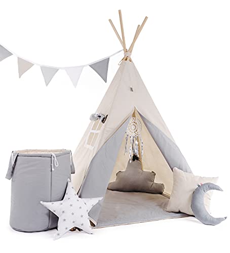 Kinder Teepee Tipi Set für Kinder Spielzeug drinnen draußen Spielzelt Zelt 8 Elemente dabei Tipi-Set Indianer Indianertipi mit Fenster usw. (mit Zubehör, Grauer Wolf)