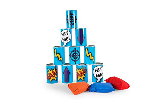 BS Toys Dosenwerfen kinder - spielzeug für draußen - outdoor spielzeug ab 3 jahre - wurfspiel für kinder - kinderspiele mit 10 blau Blechdosen und 3 Wurfsäcke - einheitsgröße