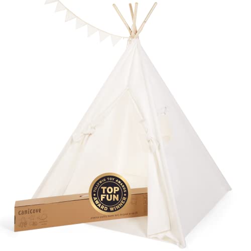 Kinder Tipi Zelt Segeltuch Wigwam: Faltbares Indoor & Outdoor Set von Canicove Baumwolle Weiß/Naturfarben mit Massivholzpfosten & Jux Flaggen für 2 Jungen & Mädchen. Maschinenwaschbar. (Weiß)