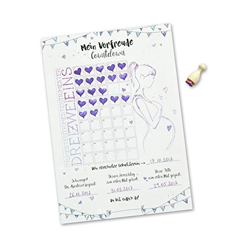 Schwangerschaft Countdown Kalender zum Abstempeln, Geschenk A5 mit Herzstempel Baby-Countdown Wochen