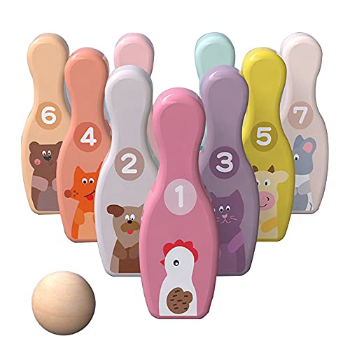 ZoneYan Kinder Bowling Spielzeug, Bowling Set Aus Holz, Kinder Kegel Spielzeug, Bowling Spiel, Bowling Toy Set, Kegelspiel Bowling Für Kinder, Wooden Bowling Ball (L)