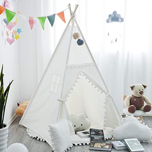 xiaowantong Tipi-Zelt für Kinder mit Pom Pom - Faltbares Spielzelt mit Tragetasche für den Innen- und Außenbereich, weißes Pompon Lace Cotton Canvas Playhouse Tipi für Mädchen Jungen