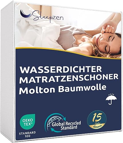 SLEEPZEN Molton Matratzenauflage 140 x 200 cm - Wasserdichter Matratzenschoner - Matrazenschutzbezug - Zertifiziertes Oeko-TEX® - Baumwolloberfläche, Antibakteriell, Schimmelhemmend, Antiallergisch