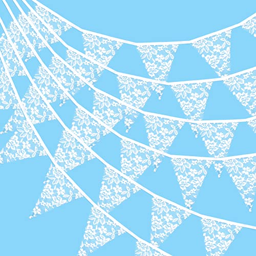 G2PLUS 3.3M Spitze Wimpelkette Weiß, Schöne Stoff Wimpelkette Hochzeit, 12 STK Draußen Garten Stoffgirlande, Vintage Stoff Wimpel Girlande für Hochzeiten oder Geburtstage