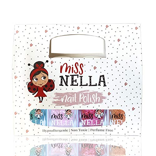 Miss Nella magische Sammlung Glitzer Nagellack 4er Set: rosa, rot Gold & blau, abziehbarer Nagellack speziell für Kinder, Peel-Off-Formel, ungiftig, wasserbasiert und geruchsneutral